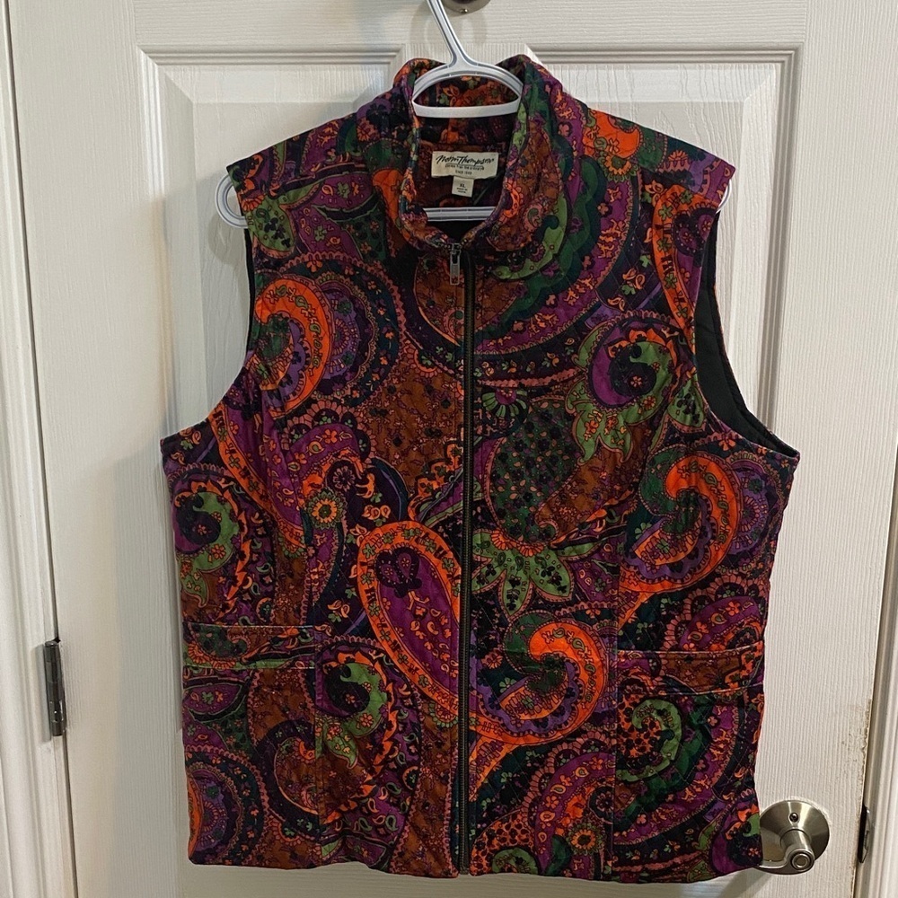 Norm Thompson Quilted Paisley Purple Velour Vest Collared Full Zip Women’s  XL